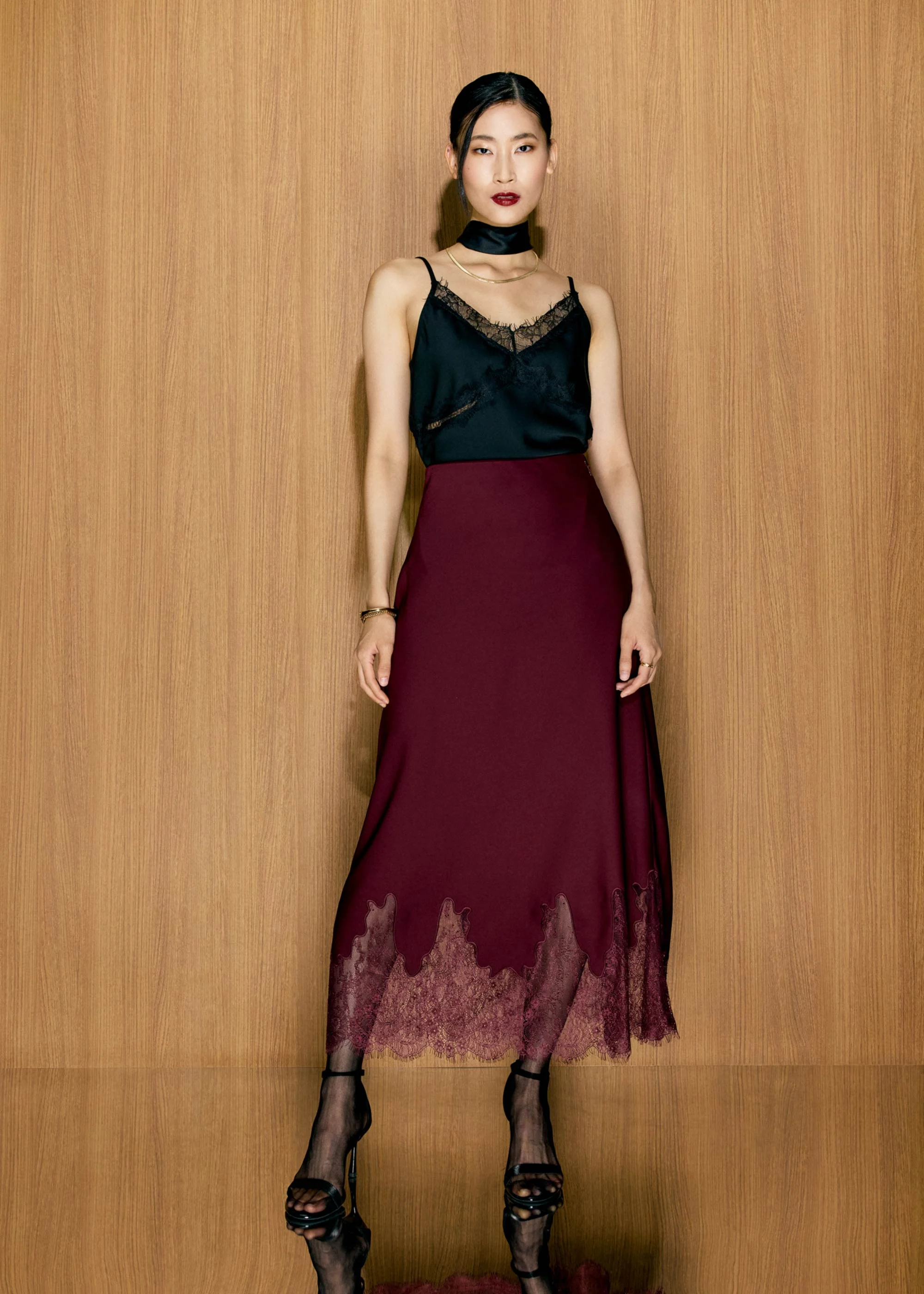 Satin Lace Trim Column Midaxi Skirt