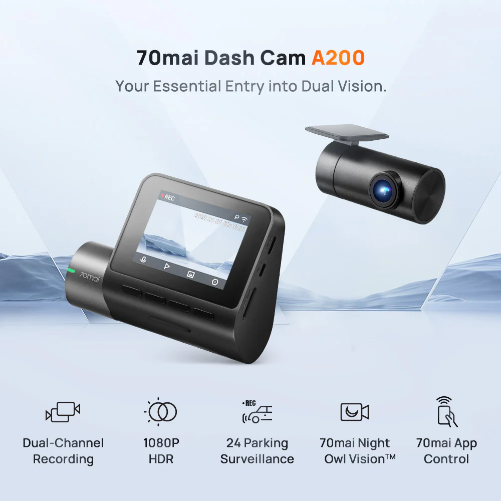 70mai A200 Dual Dashcam (1080P HDR, App Control, 24H Parking)