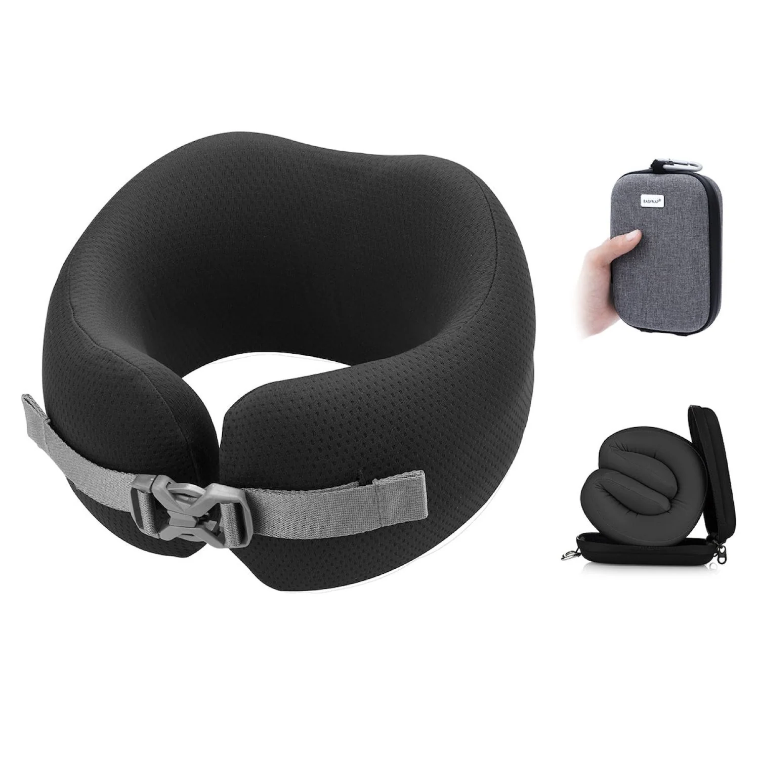 EasyNap Foldable Pocket Travel Neck Pillow with Pouch - Medium (Moonless Night Black)