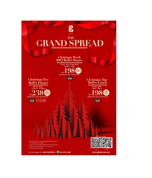 Christmas BBQ Buffet Dinners BUY 2 FREE 1  @ The Grand Spread at Café 168, G Hotel Gurney 